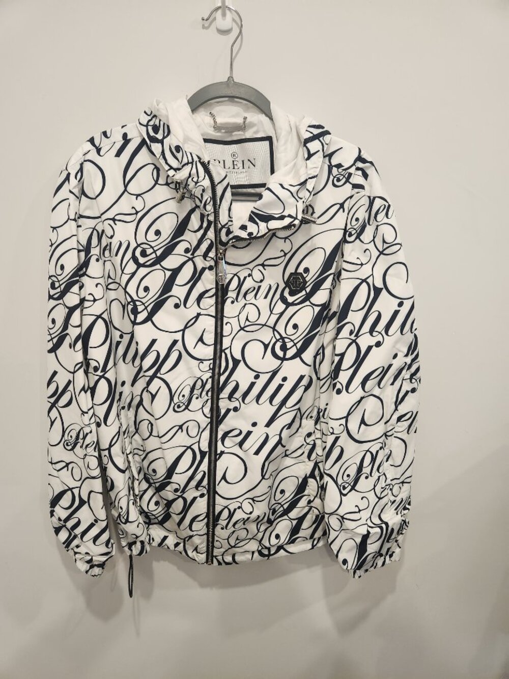 PHILIPP PLEIN Switzerland Allover Script Logo Print Hooded Windbreaker Jacket